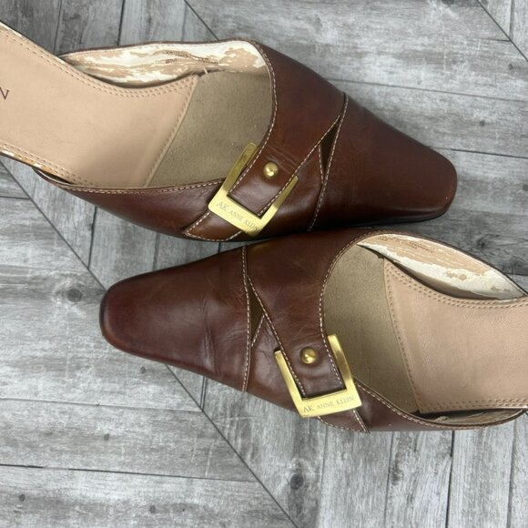 AK Anne Klein Vintage Pointed Brown Leather Kitten Heel Mules Buckle Womens 8 M - Picture 12 of 12